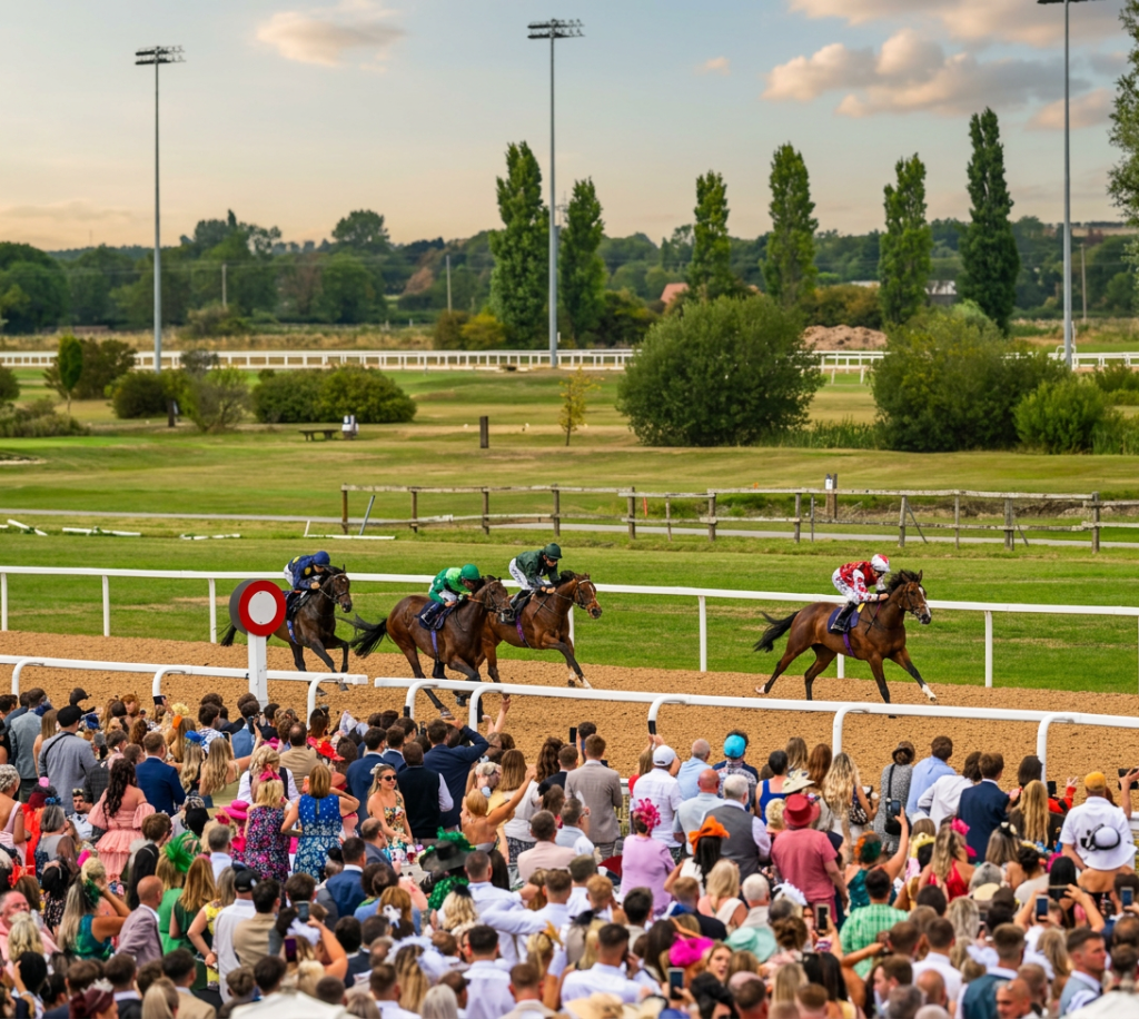Horse race event with audience cheering