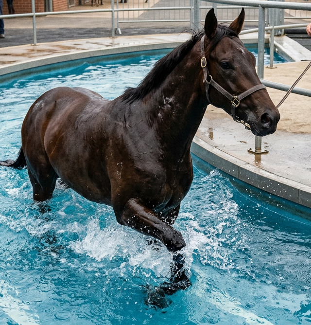 Horse walking through a therapeutic pool as a handler guides it
